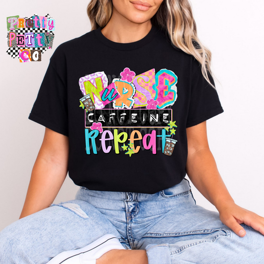 Funny Nurse Graphic Tee | Nurse Caffeine Repeat Shirt | Nurse Life T-Shirt