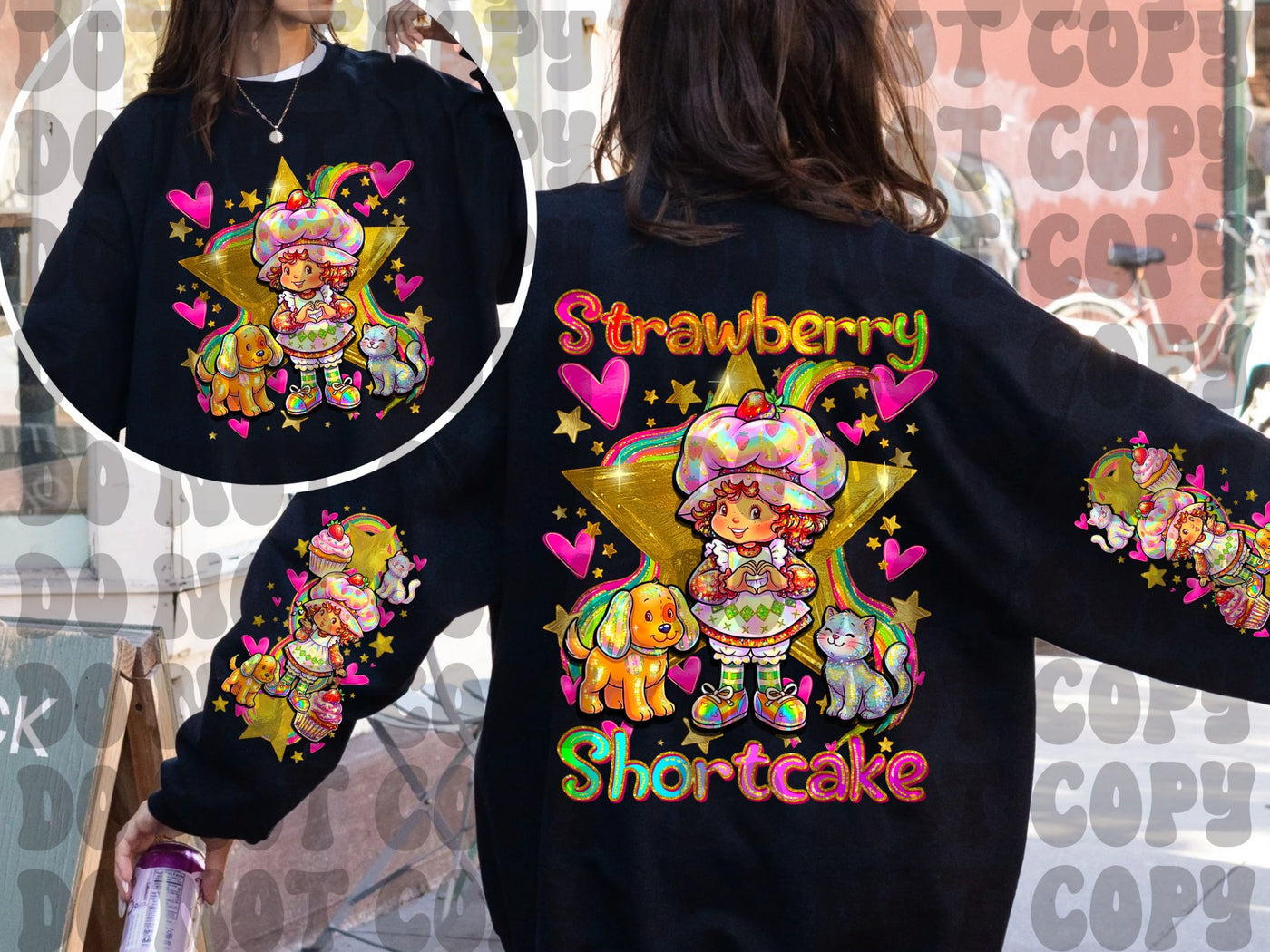 Strawberry Shortcake Colorful Graphic Sweatshirt | Retro Strawberry Girl Front Back Sleeve Print | Color Pop Collection