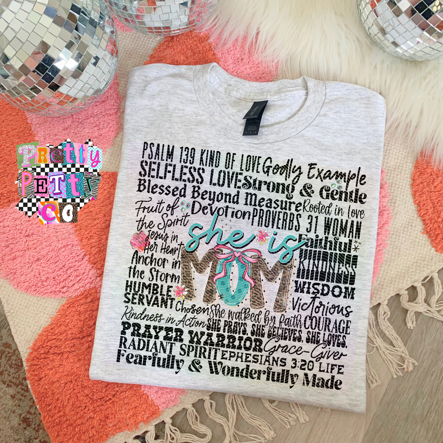 She Is Mom Faith Shirt | Inspirational Mom Life Graphic Tee | Trendy Faith T-Shirt - Pretty Petty Co