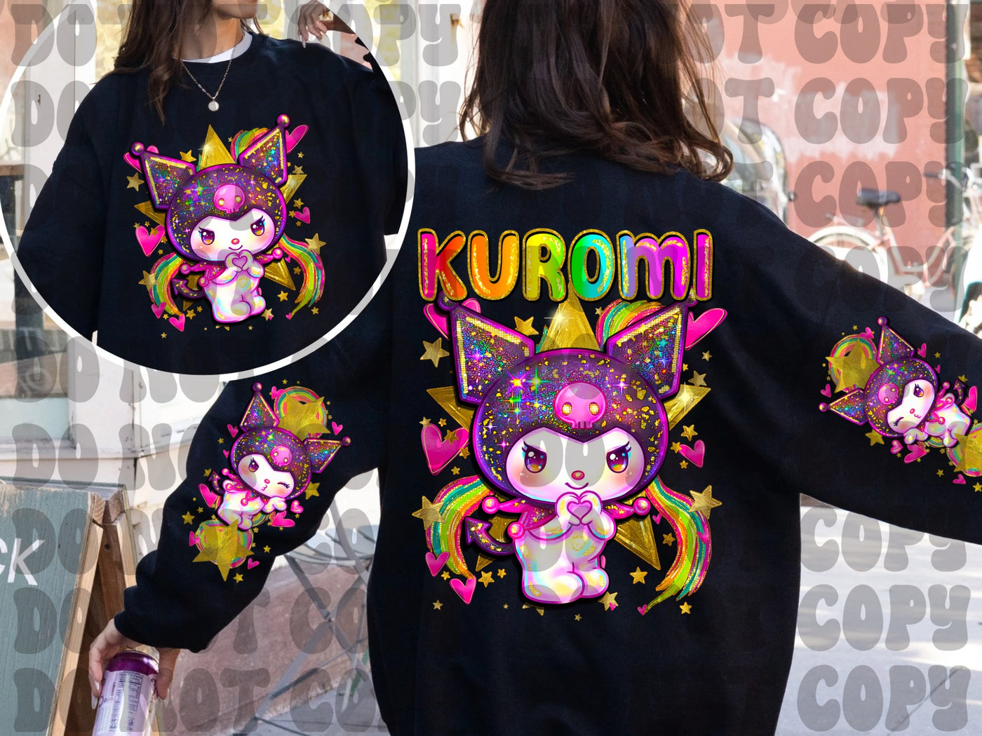 Kuromi Colorful Graphic Sweatshirt | Cute Kawaii Character Front Back Sleeve Print | Color Pop Collection