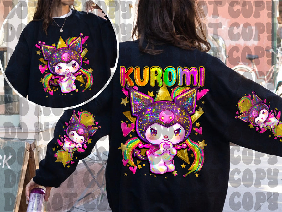Kuromi Colorful Graphic Sweatshirt | Cute Kawaii Character Front Back Sleeve Print | Color Pop Collection