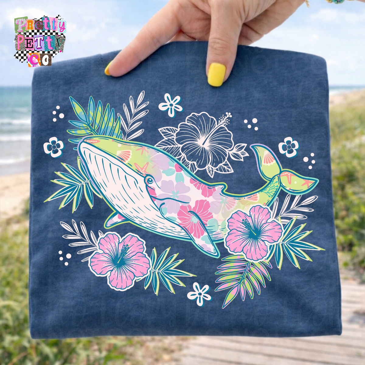 Floral Whale Graphic Tee for Women – Cute Coastal Ocean Shirt – Boho Floral Sea Life T‑Shirt – Beachy Summer Vibes Top - Pretty Petty Co
