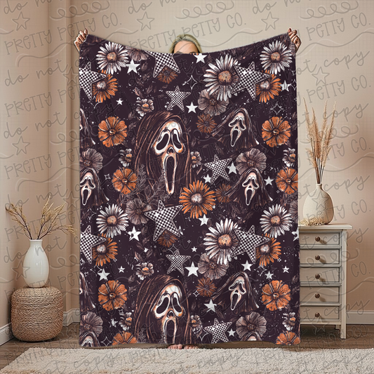 Floral Ghostface Blanket – Plush Throw, Soft Cozy Spooky Horror Fan Blanket