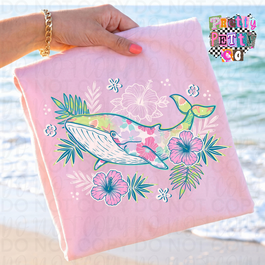 Floral Whale Graphic Tee for Women – Cute Coastal Ocean Shirt – Boho Floral Sea Life T‑Shirt – Beachy Summer Vibes Top - Pretty Petty Co