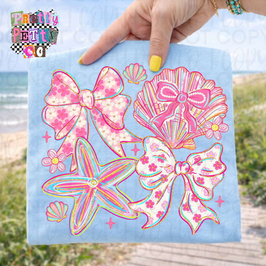 Seashell Coquette Graphic Tee – Coastal Aesthetic Shirt, Pink Bow Beach T-Shirt, Trendy Feminine Top - Pretty Petty Co