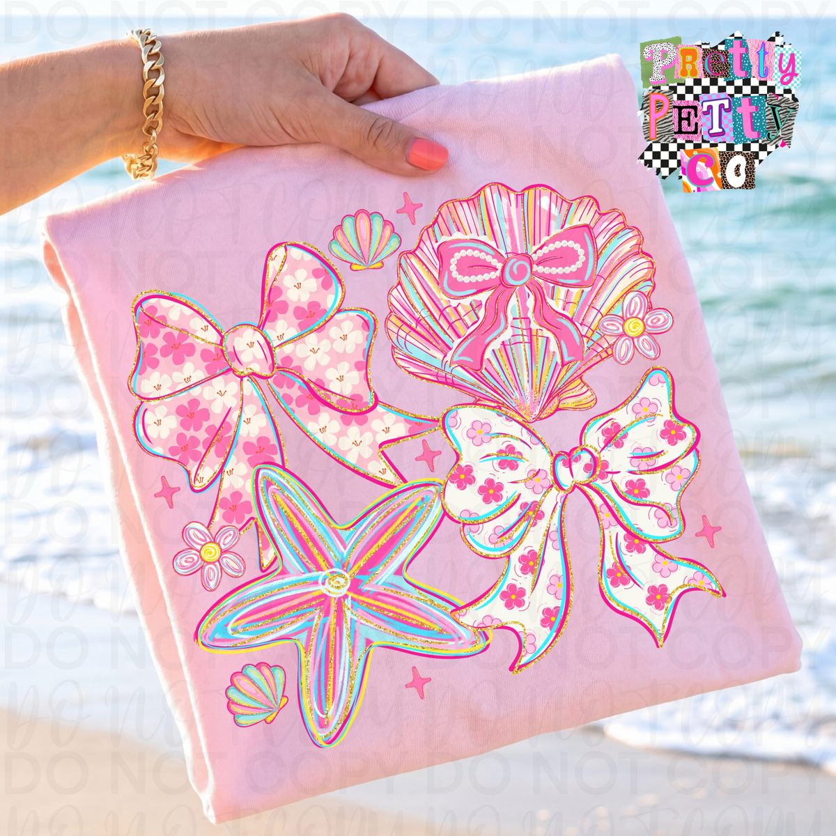 Seashell Coquette Graphic Tee – Coastal Aesthetic Shirt, Pink Bow Beach T-Shirt, Trendy Feminine Top - Pretty Petty Co