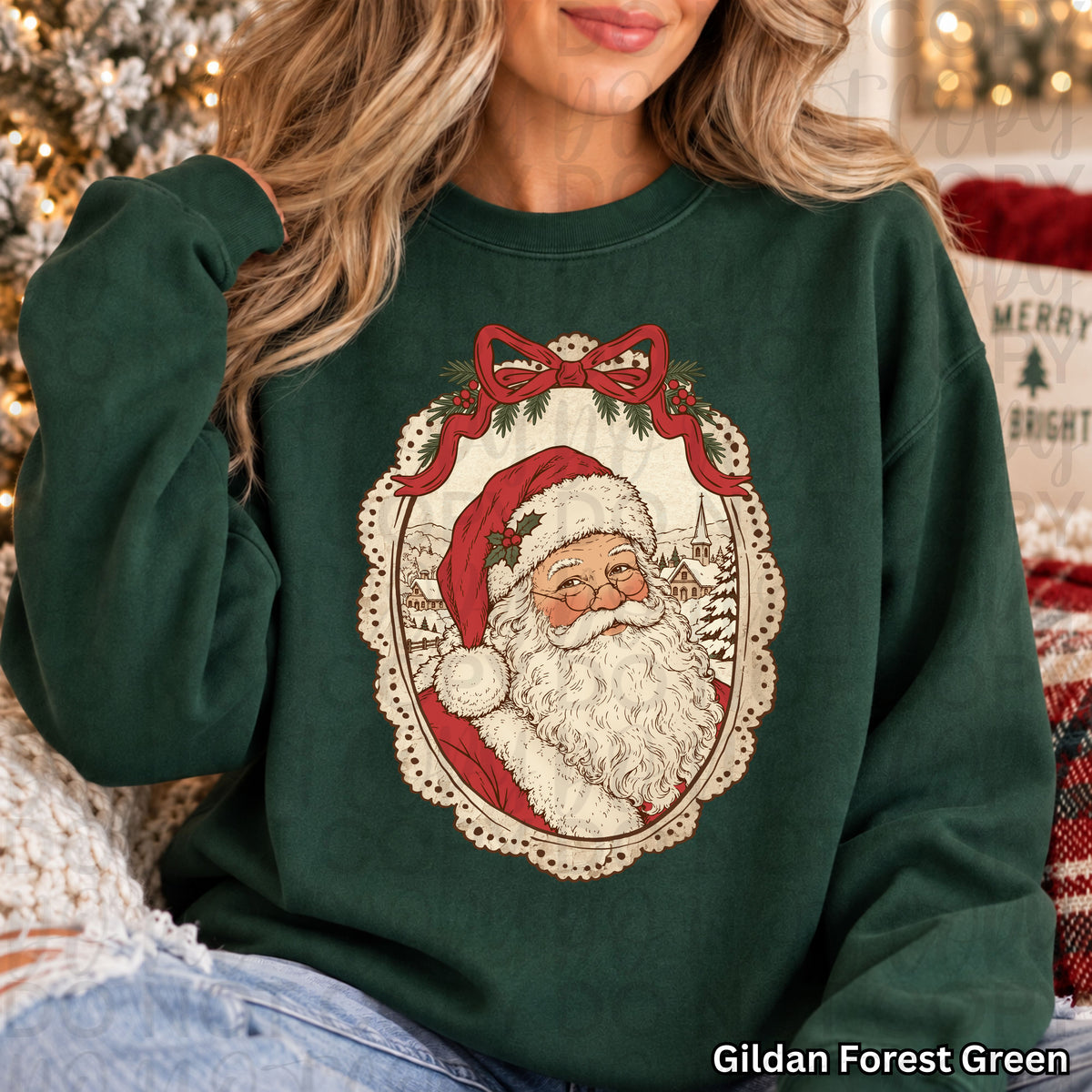 Vintage Santa Portrait Christmas Graphic Sweatshirt – Retro Holiday Bow Design
