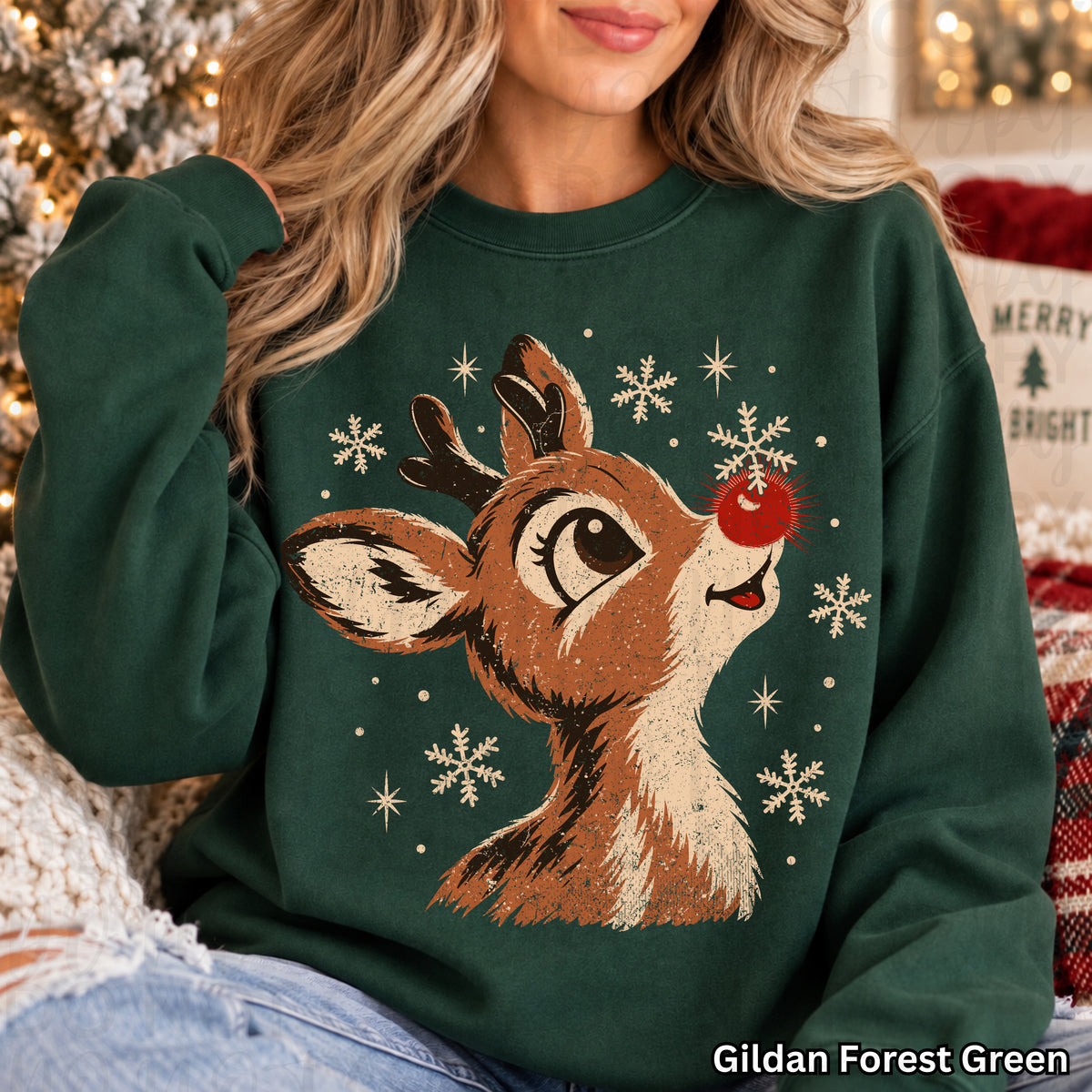 Retro Christmas Reindeer Snowflake Graphic Sweatshirt – Gildan Forest Green