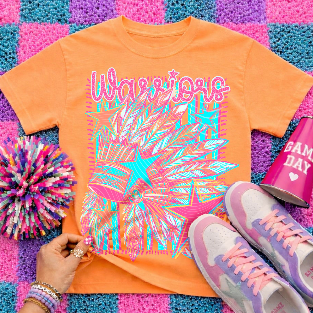 Warriors Preppy Mascot Shirt, Bright Color Collegiate Graphic Tee, Cute School Spirit Inspired Soft Style Tee for Women and Kids - Pretty Petty Co