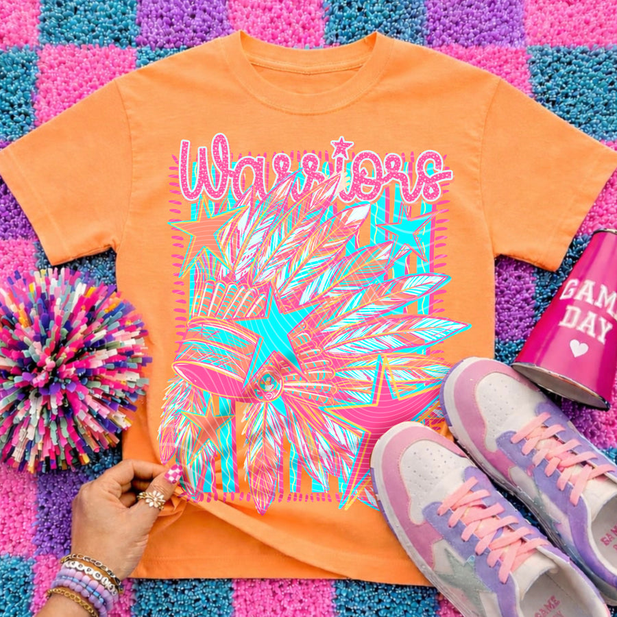 Warriors Preppy Mascot Shirt, Bright Color Collegiate Graphic Tee, Cute School Spirit Inspired Soft Style Tee for Women and Kids - Pretty Petty Co