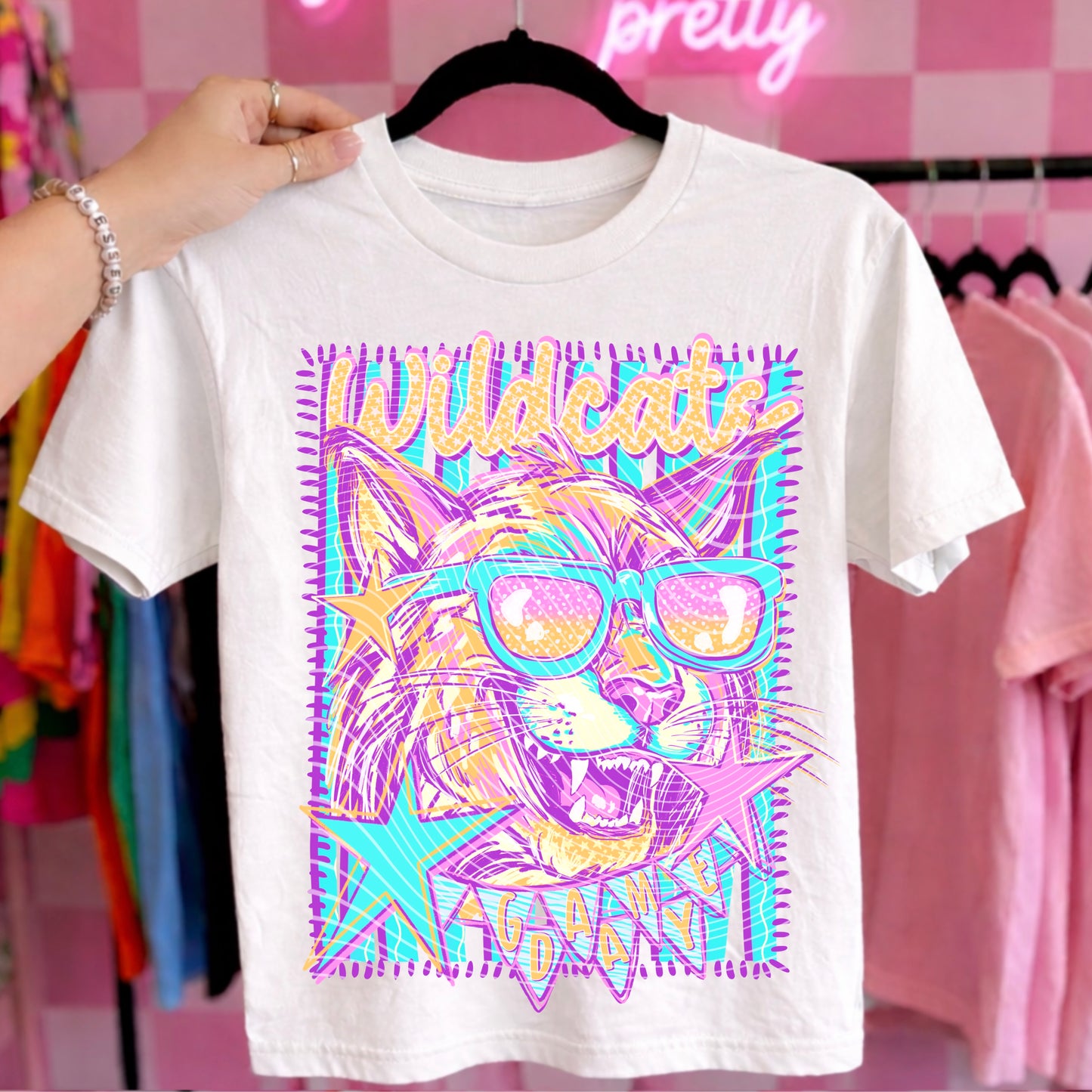 Wildcats Preppy Mascot Shirt, Bright Color Collegiate Graphic Tee, Cute School Spirit Inspired Soft Style Tee for Women and Kids