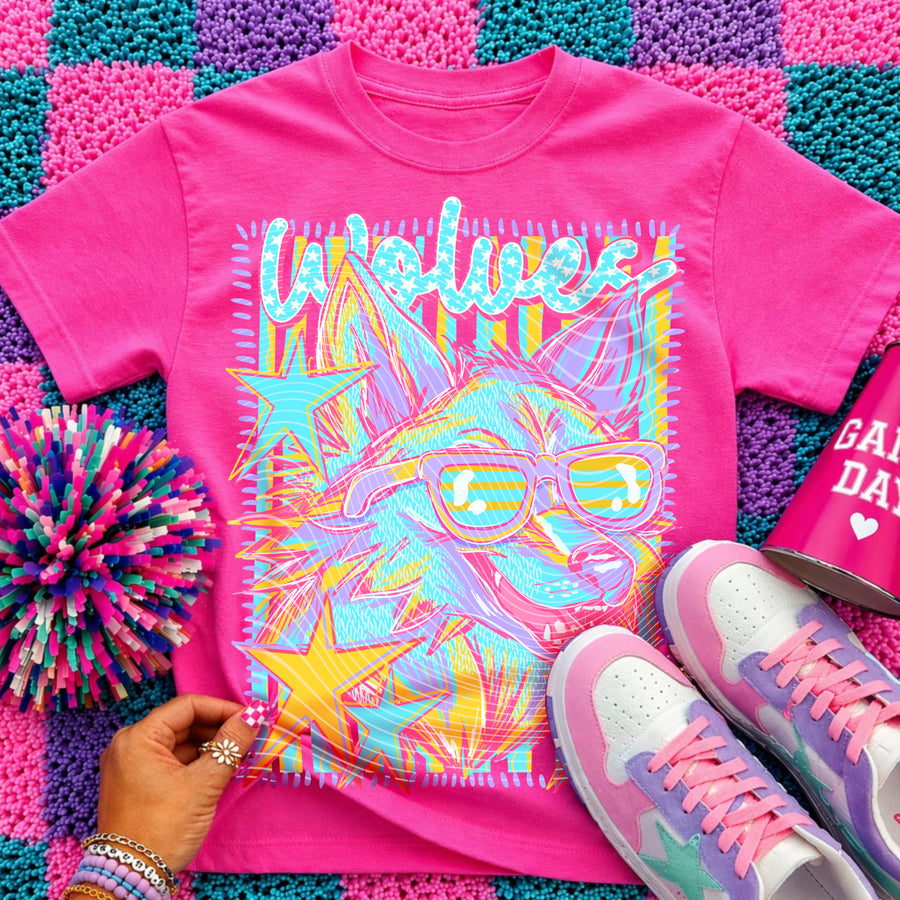Wolves Preppy Mascot Shirt, Bright Color Collegiate Graphic Tee, Cute School Spirit Inspired Soft Style Tee for Women and Kids - Pretty Petty Co