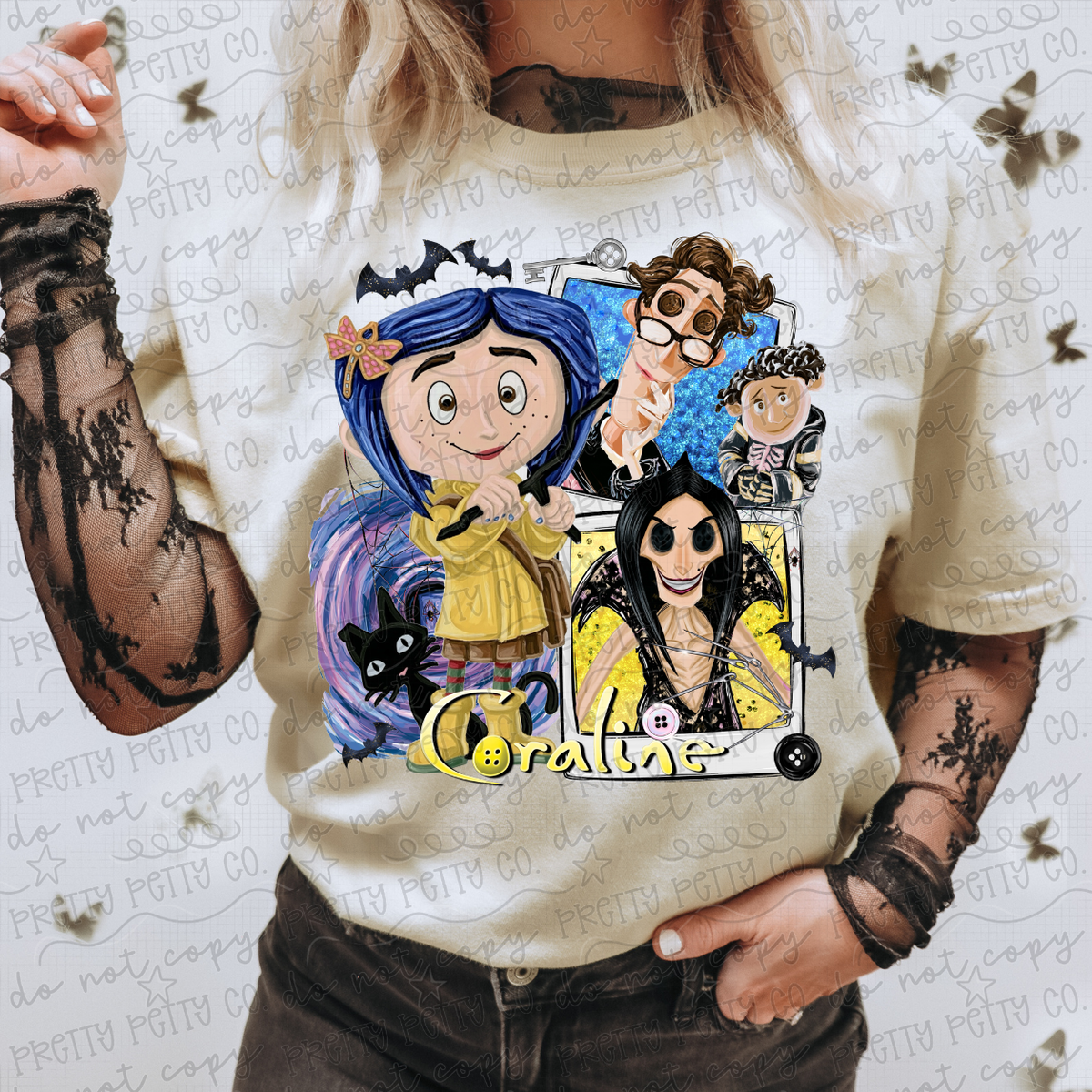 Creepy Button Eye Girl Graphic Tee | Button Eyes Spooky Movie Shirt | Horror Cartoon T-Shirt