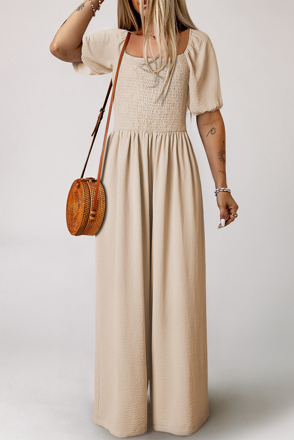 Apricot Short Bubble Sleeve Smocked Wide Leg Jumpsuit - Pretty Petty Co