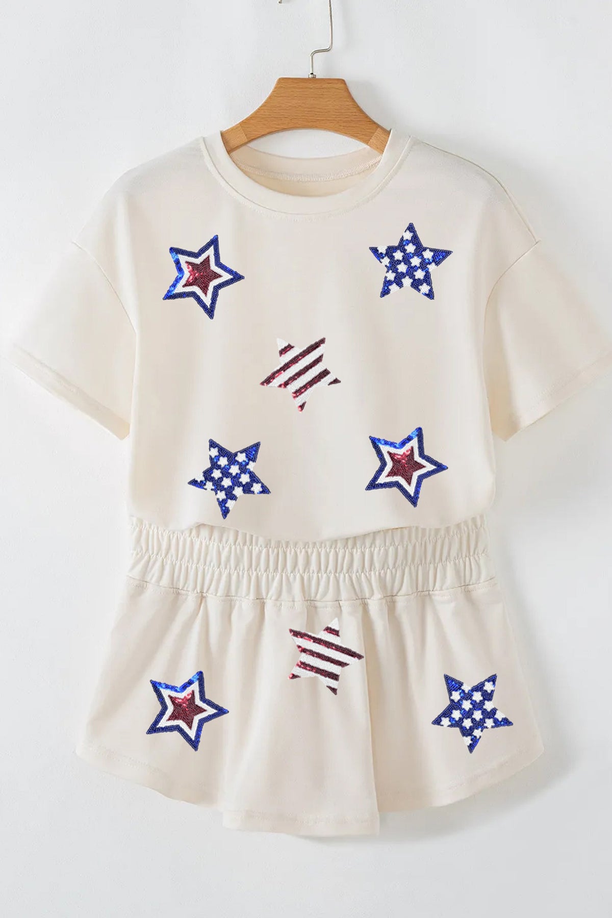 Beige Sequin Patriotic Star Cropped Tee Skort 2pcs Set - Pretty Petty Co