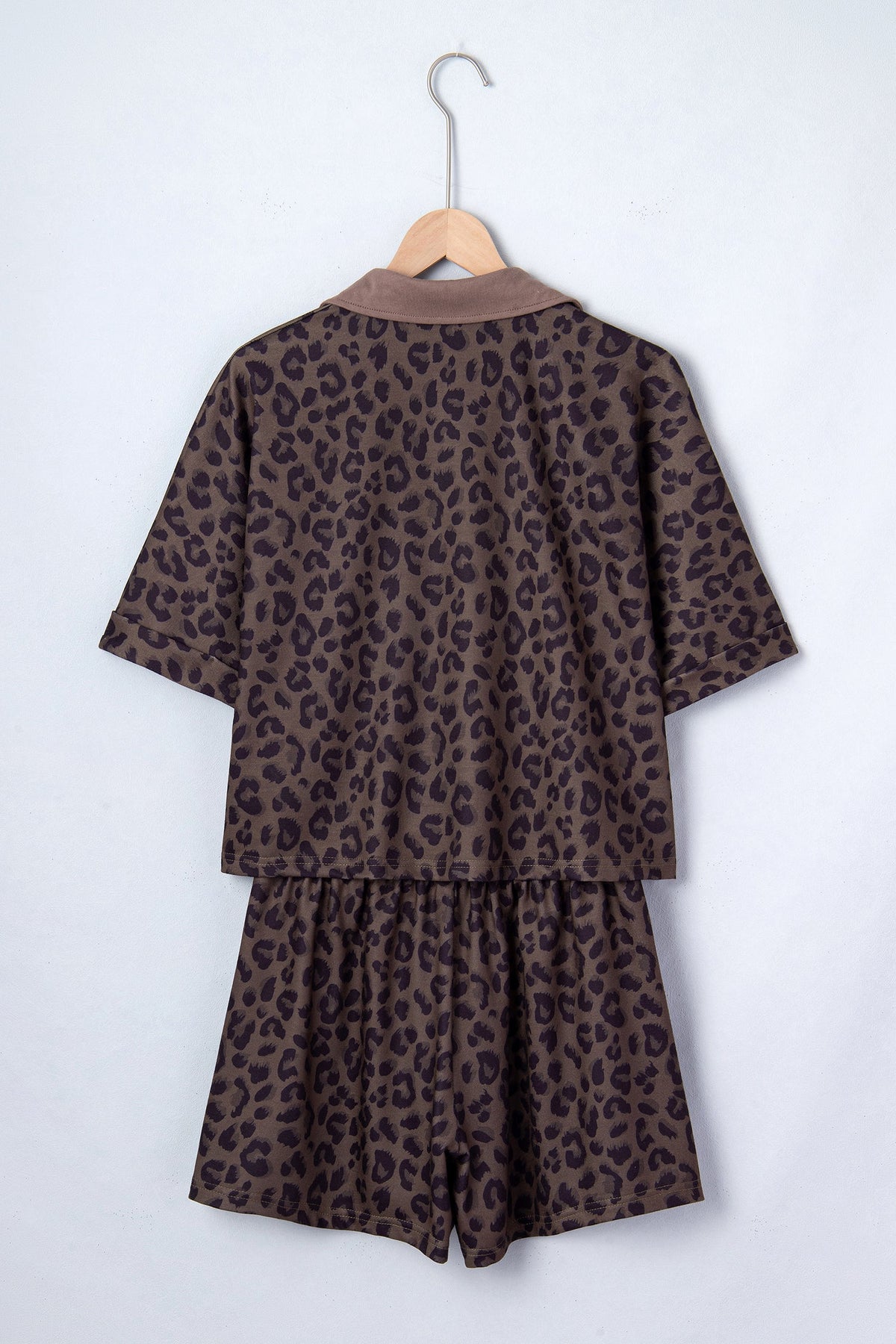 Brown V Neck Collar Leopard Printed 2pcs Short Set - Pretty Petty Co