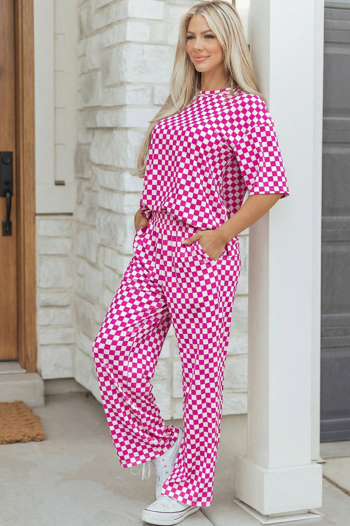Rose Checkered Print Half Sleeve Tee 2pcs Lounge Pant Set - Pretty Petty Co