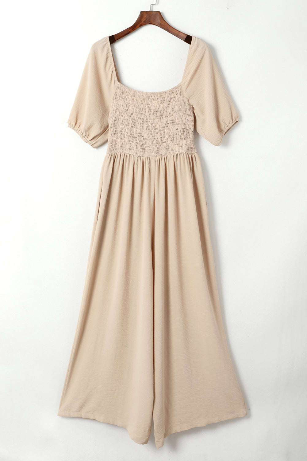 Apricot Short Bubble Sleeve Smocked Wide Leg Jumpsuit - Pretty Petty Co