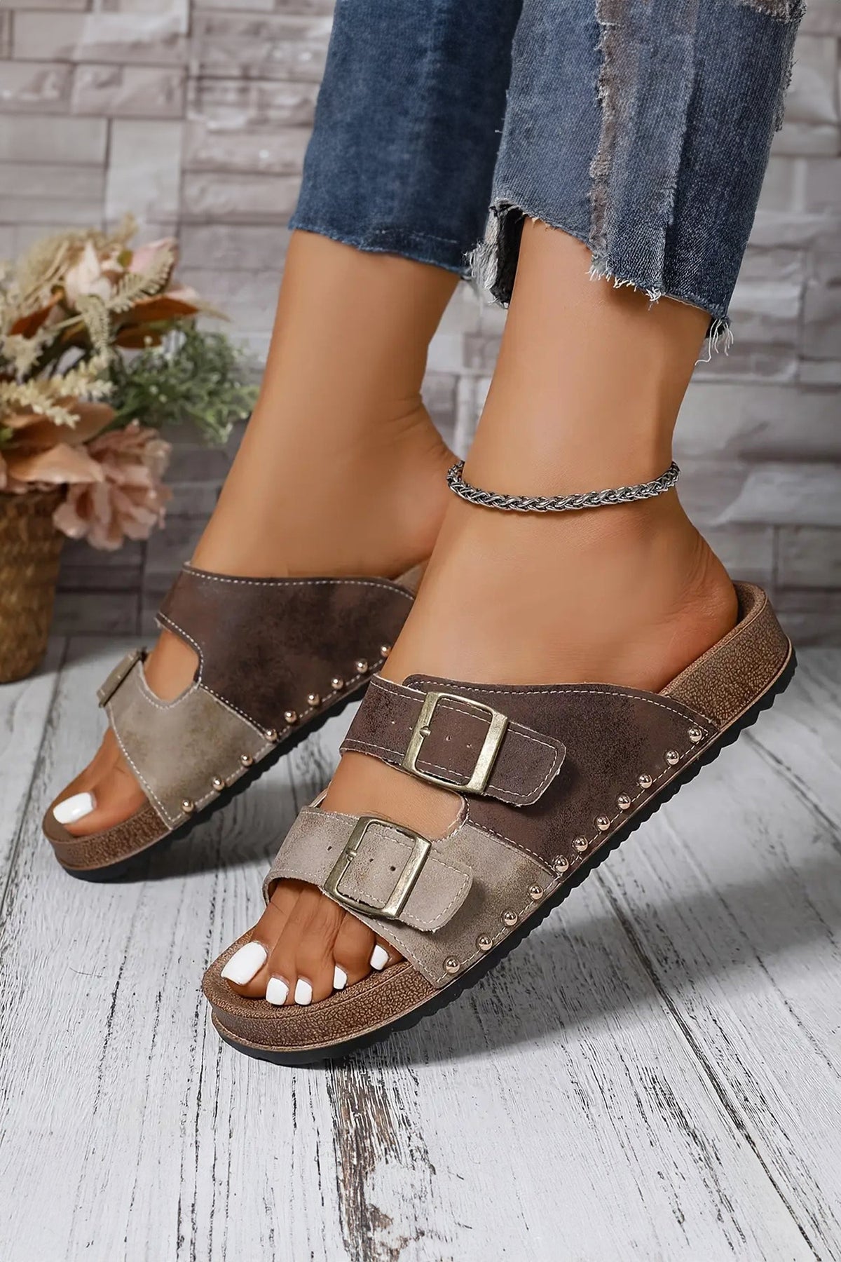 Coffee Two-tone Retro Buckle Straps Hollowed Faux Suede Slippers - Pretty Petty Co