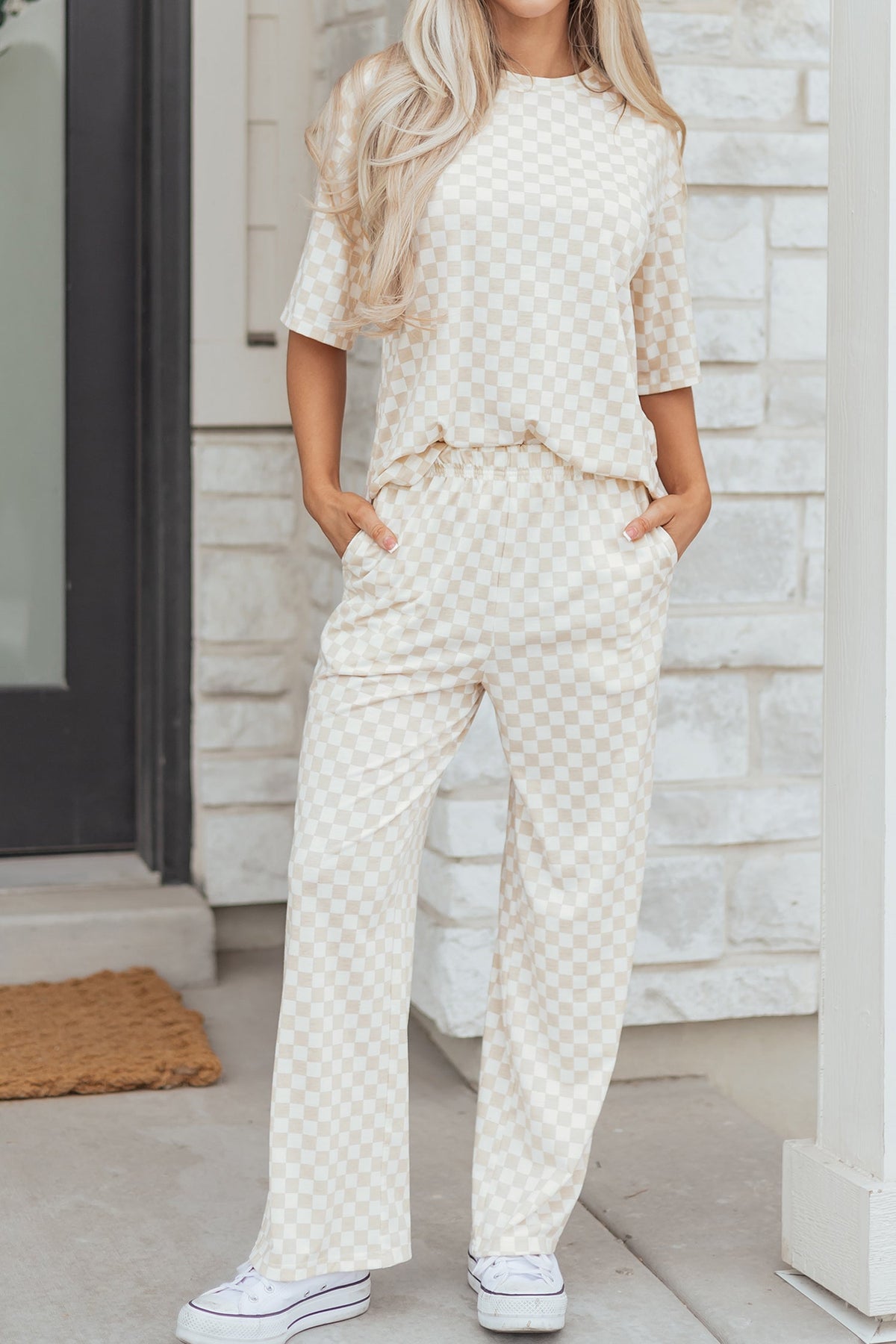 Rose Checkered Print Half Sleeve Tee 2pcs Lounge Pant Set - Pretty Petty Co