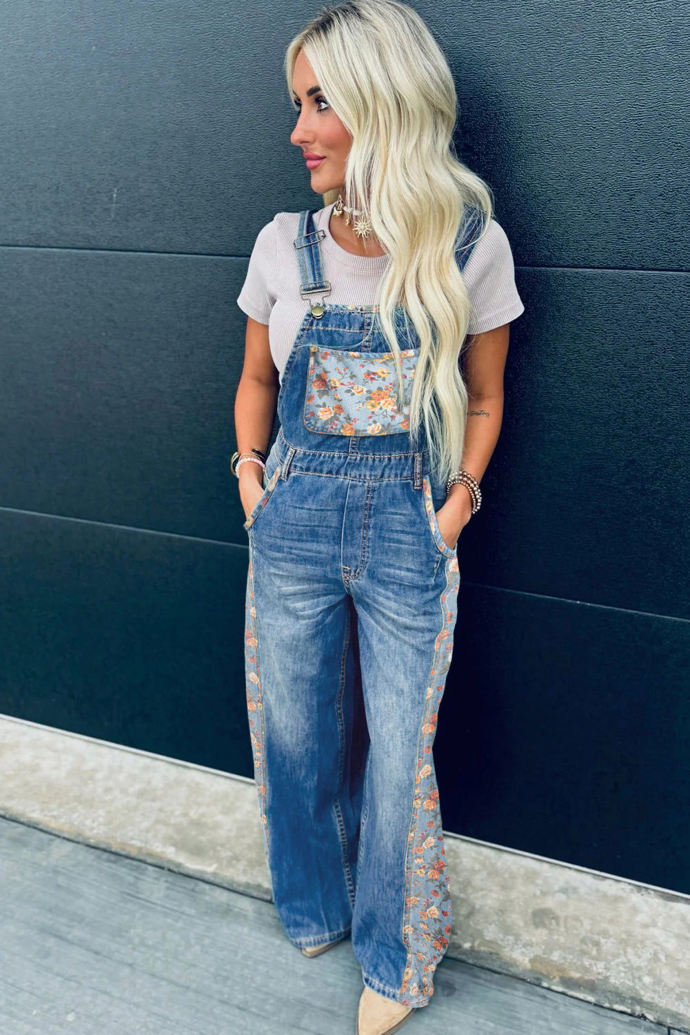 Peacock Blue Floral Patchwork Bib Denim Wide Leg Overalls - Pretty Petty Co