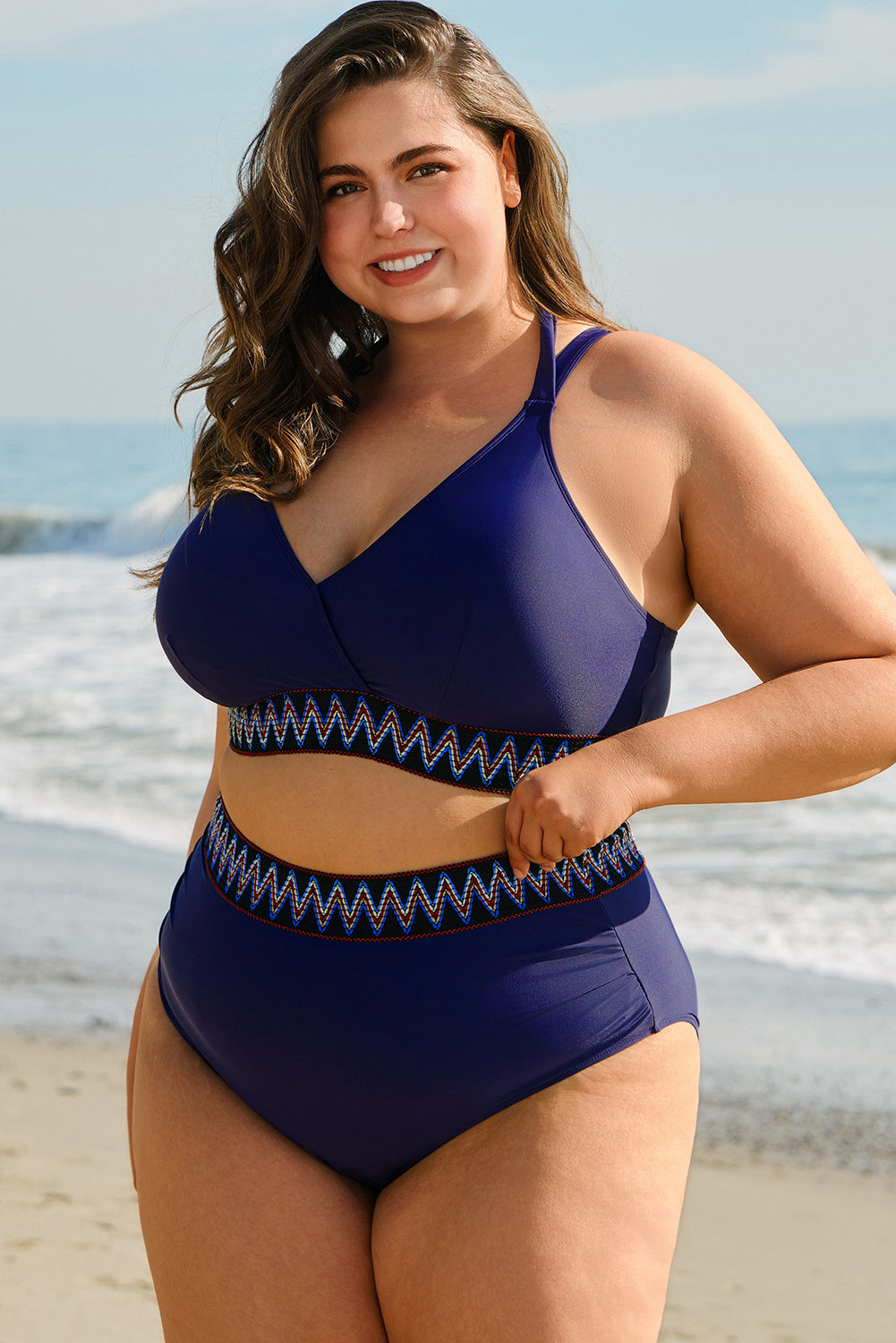 Navy Blue Embroidered Trim Wrap Tie Knot Plus Size High Waisted Bikini - Pretty Petty Co