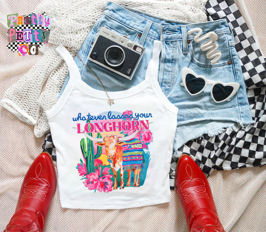 Whatever Lassos Your Longhorn Tank Top | Funny Western Graphic Shirt | Trendy Cowboy Tee - Pretty Petty Co