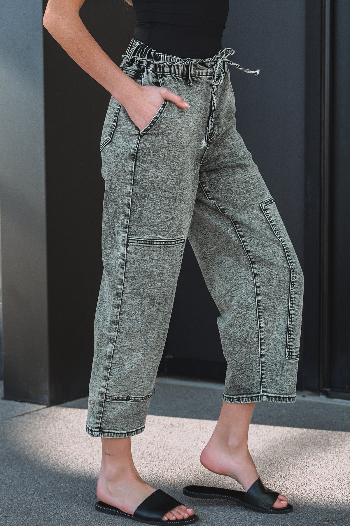 Smoke Gray Acid Wash Barrel Fit Denim Pants with Waist String - Pretty Petty Co
