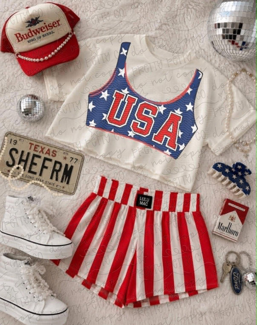 USA Bikini Boxy Crop Comfort Colors Shirt | Patriotic Fourth of July Crop Top | Funny Summer Beach Graphic Tee - Pretty Petty Co