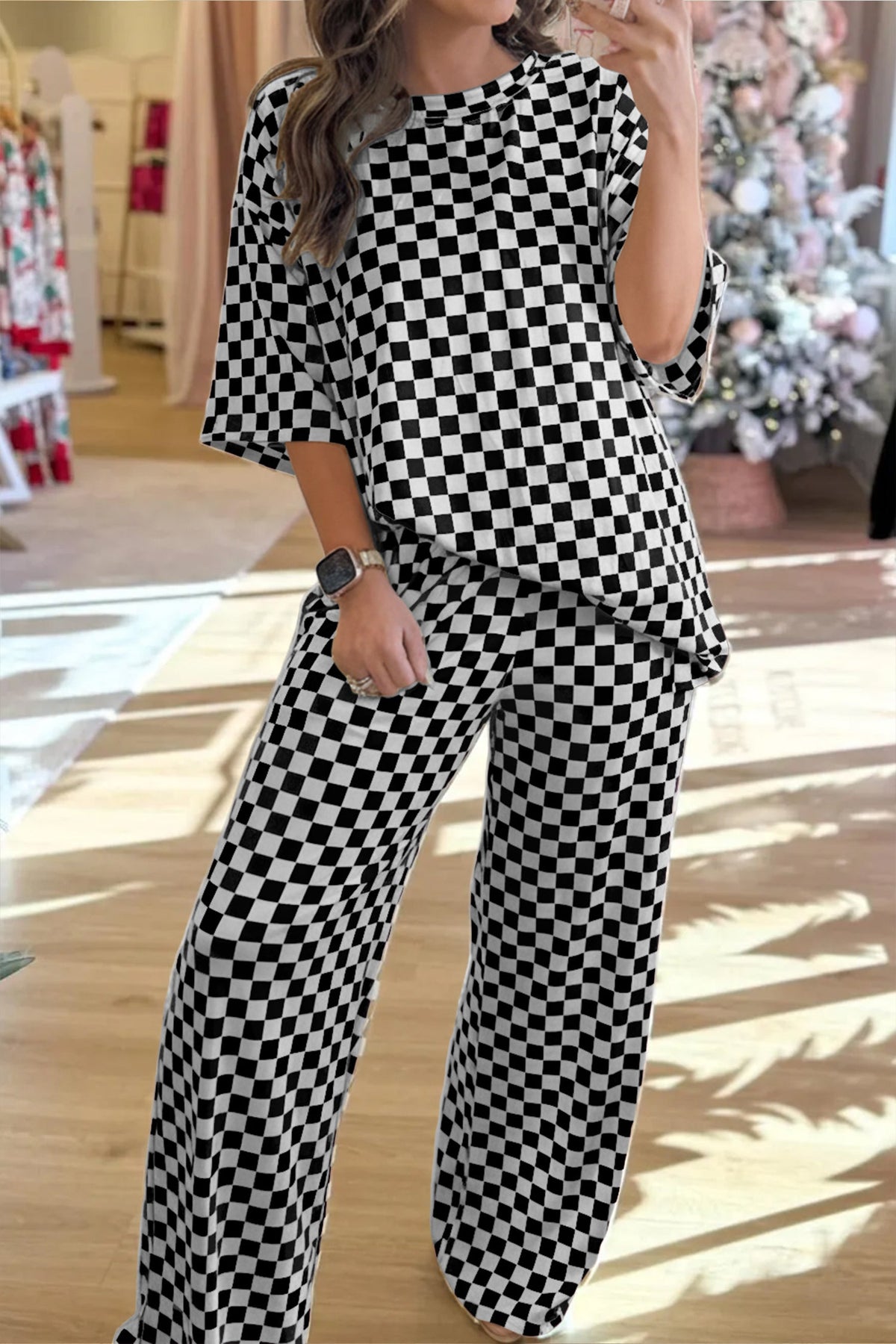 Rose Checkered Print Half Sleeve Tee 2pcs Lounge Pant Set - Pretty Petty Co