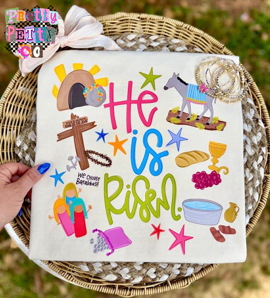 He Is Risen Graphic Tee, Colorful Christian Faith Shirt, Comfort Colors, Youth & Adult Sizing, DTF Printed - Pretty Petty Co