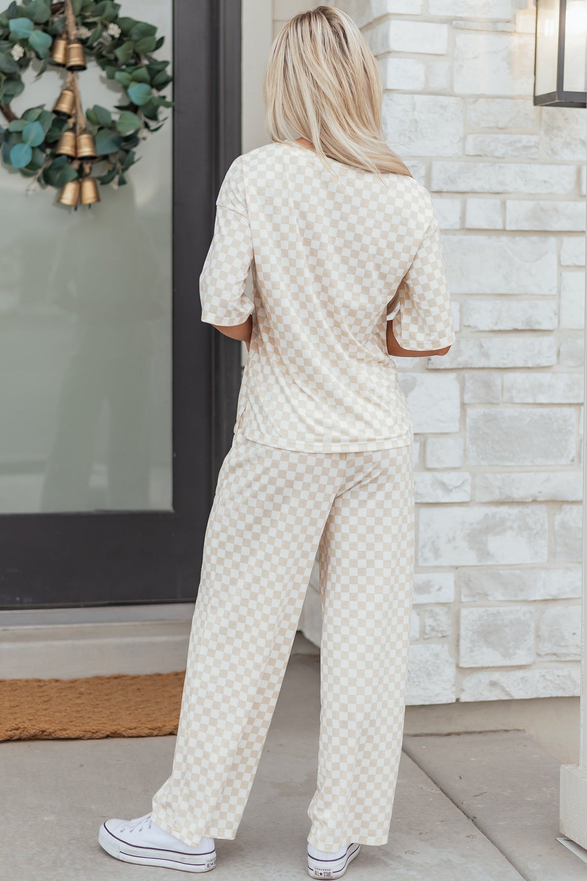 Rose Checkered Print Half Sleeve Tee 2pcs Lounge Pant Set - Pretty Petty Co