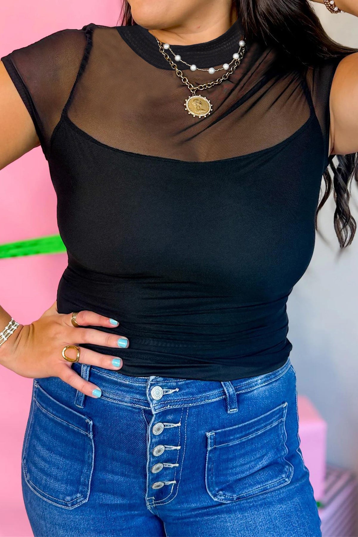 Black Sheer Mesh Patchwork Cap Sleeve T Shirt - Pretty Petty Co