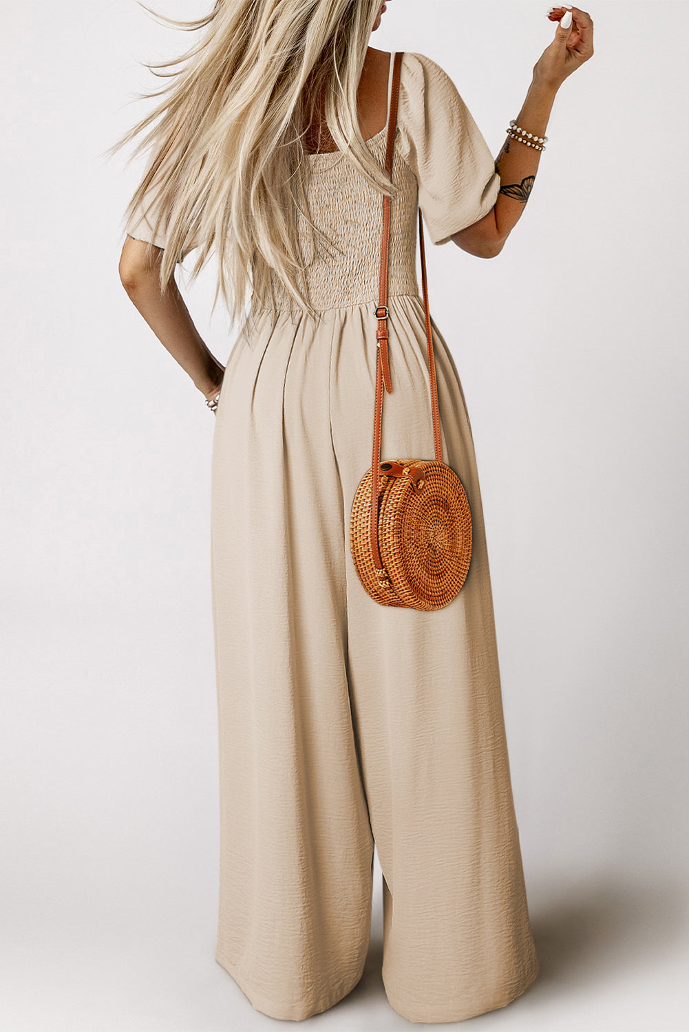 Apricot Short Bubble Sleeve Smocked Wide Leg Jumpsuit - Pretty Petty Co