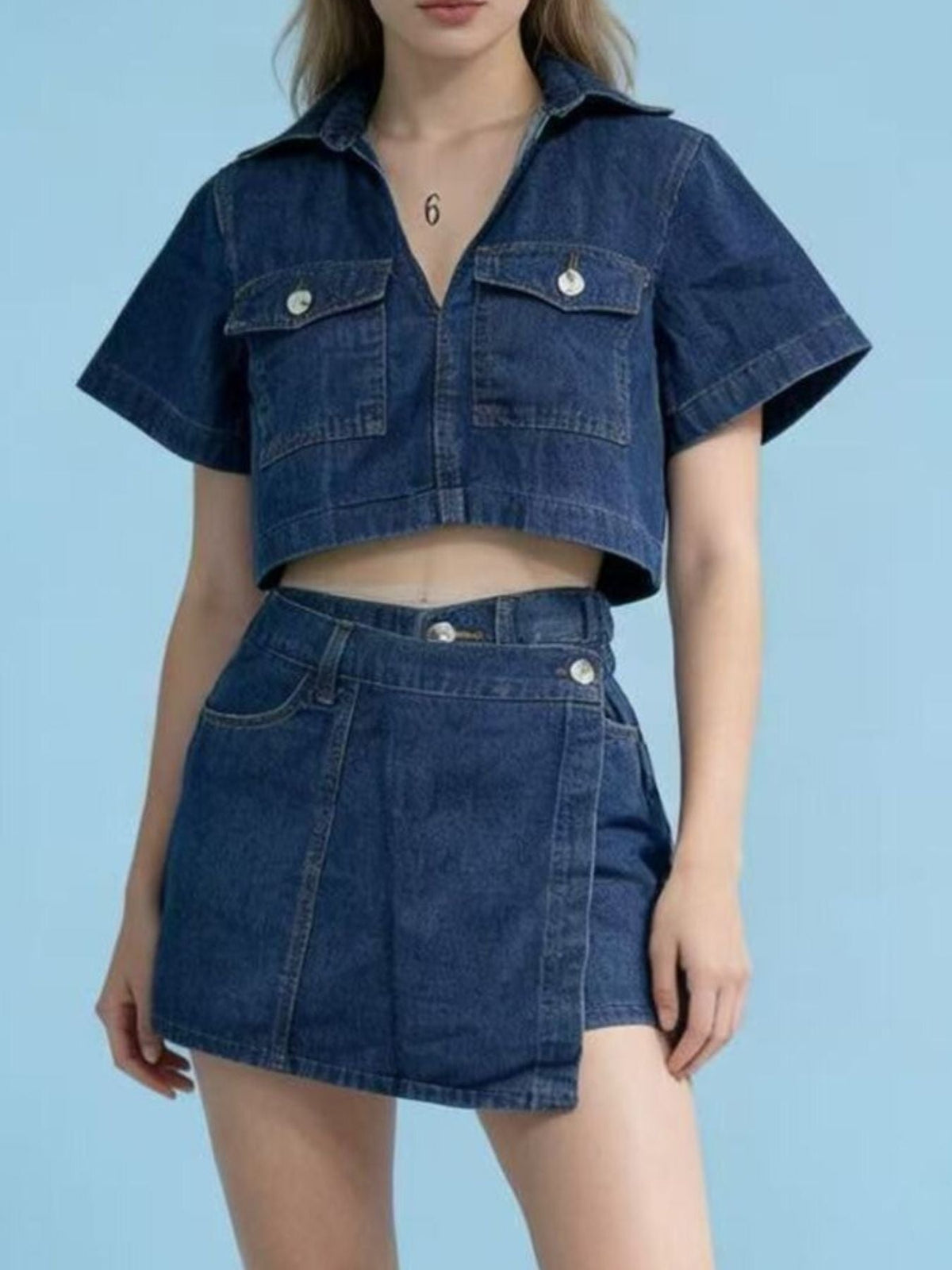 Short Sleeve Cropped Top and Skort Denim Set - Pretty Petty Co