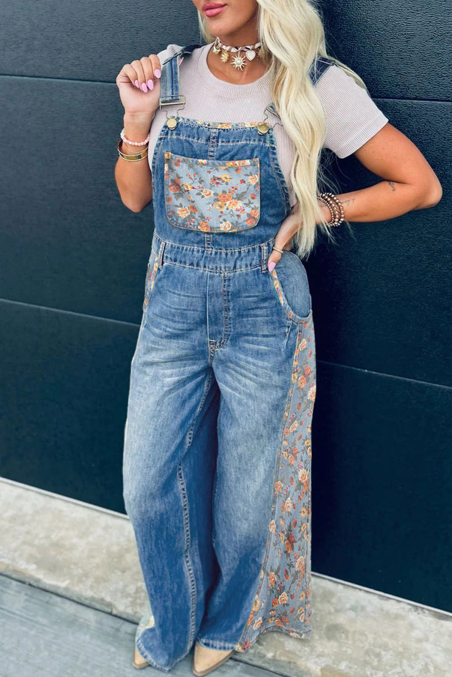Peacock Blue Floral Patchwork Bib Denim Wide Leg Overalls - Pretty Petty Co