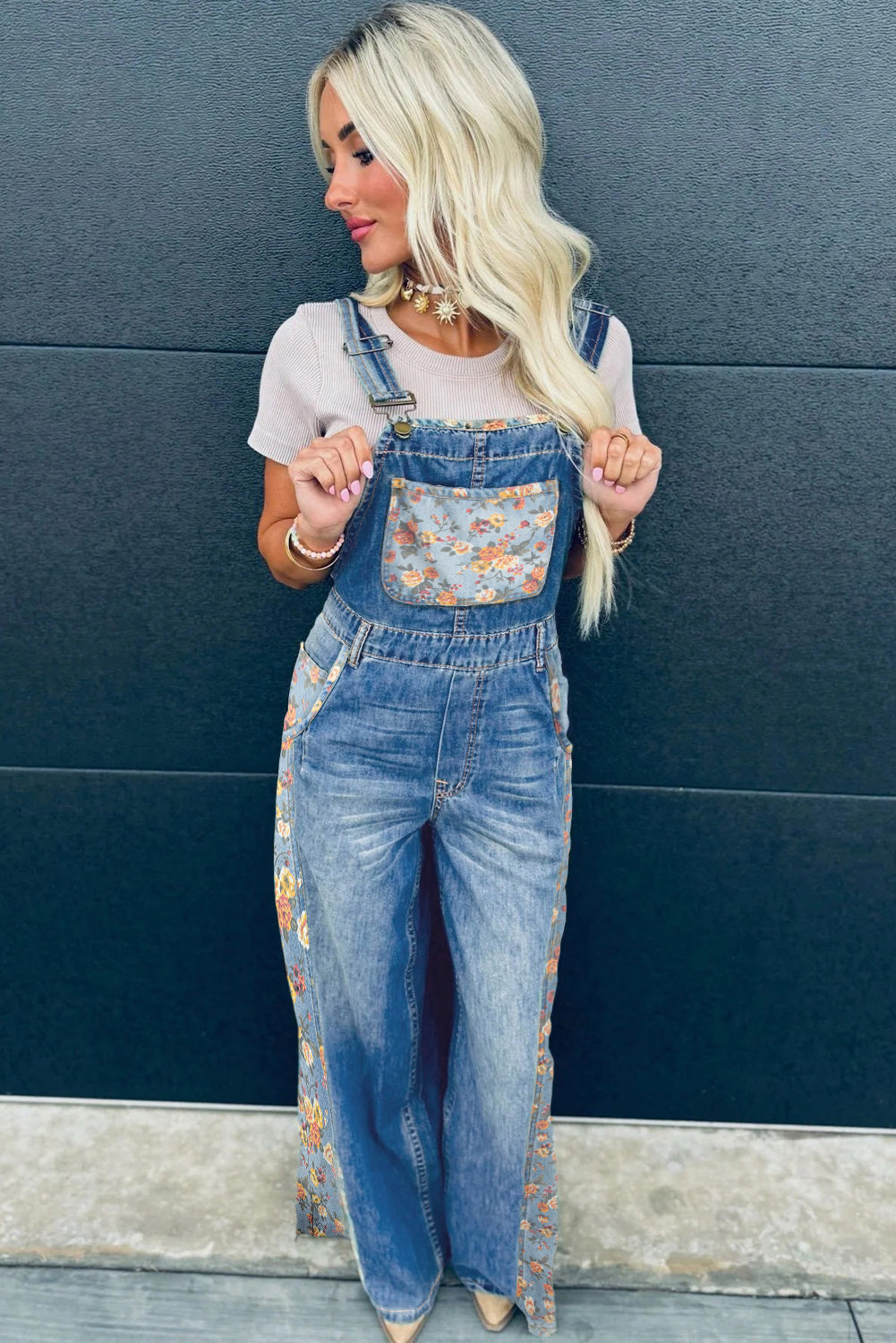 Peacock Blue Floral Patchwork Bib Denim Wide Leg Overalls - Pretty Petty Co
