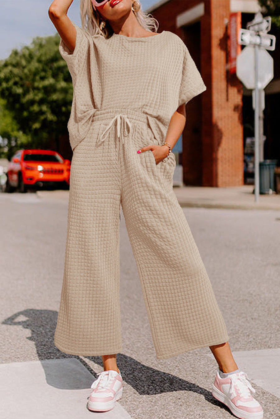Oatmeal 3D Lattice Texture Sporty Dolman Top Drawstring Pants Set - Pretty Petty Co