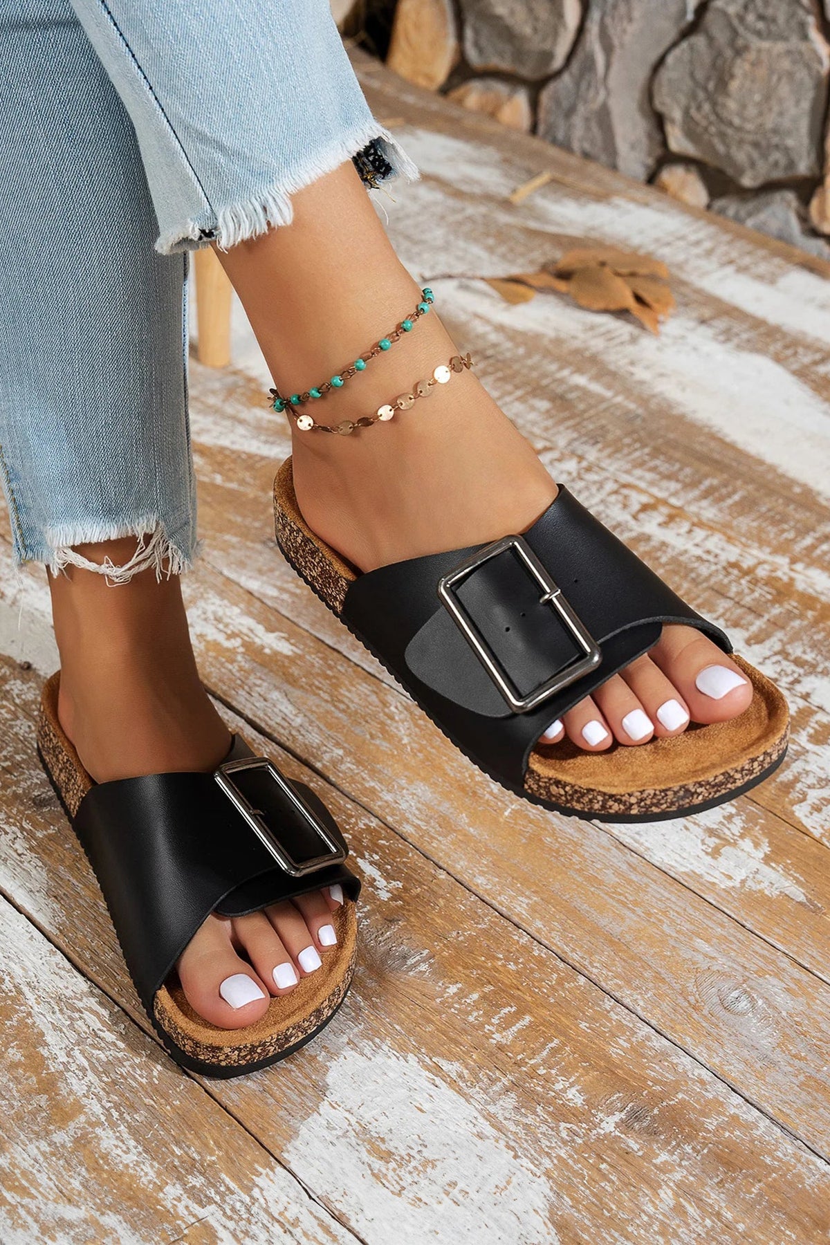 Color black Retro Geometric Print Buckle Strap Flat Slippers - Pretty Petty Co