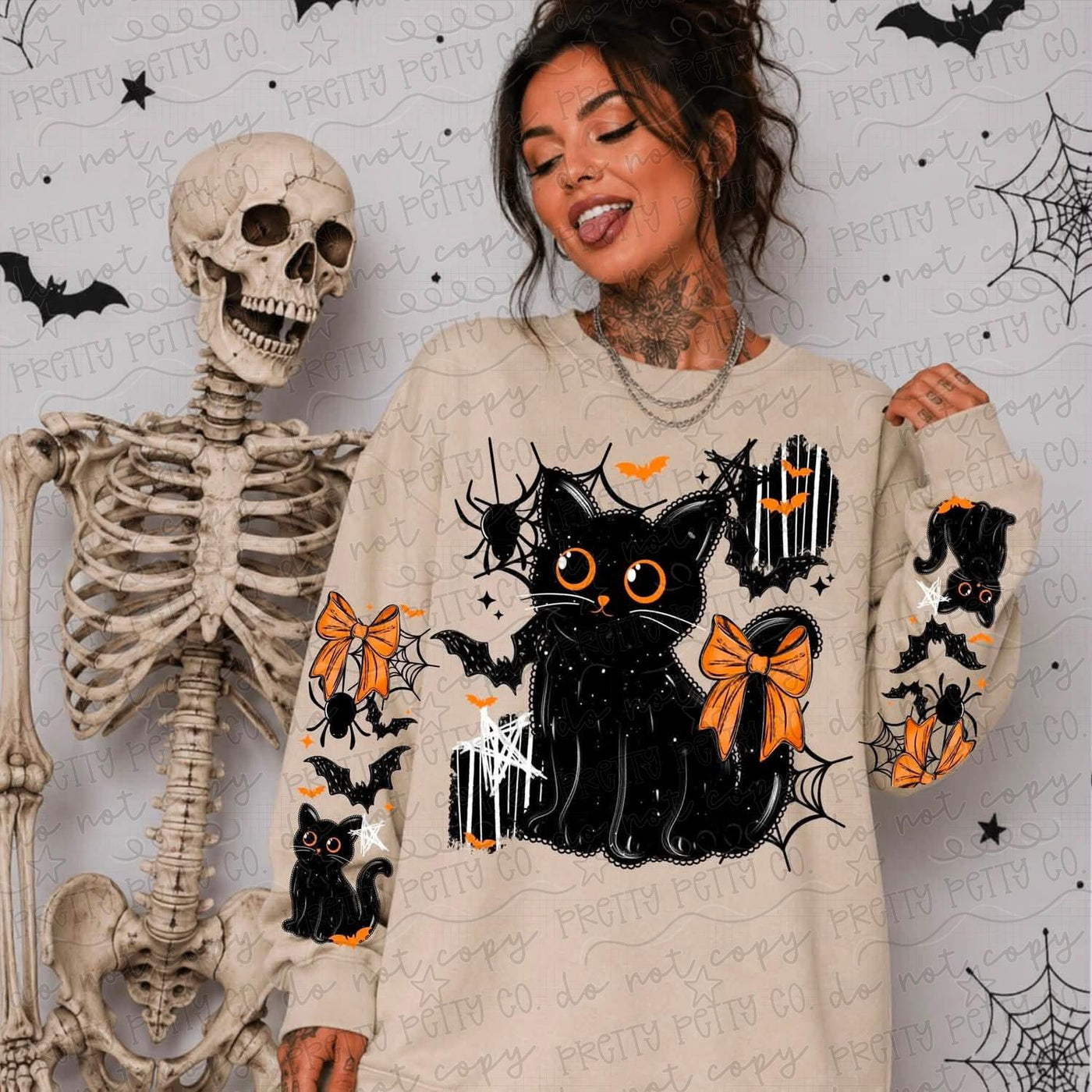 Spooky Black Cat Halloween Graphic Tee | Cute Halloween Cat Shirt | Bats Bows & Spiders Fall Tee