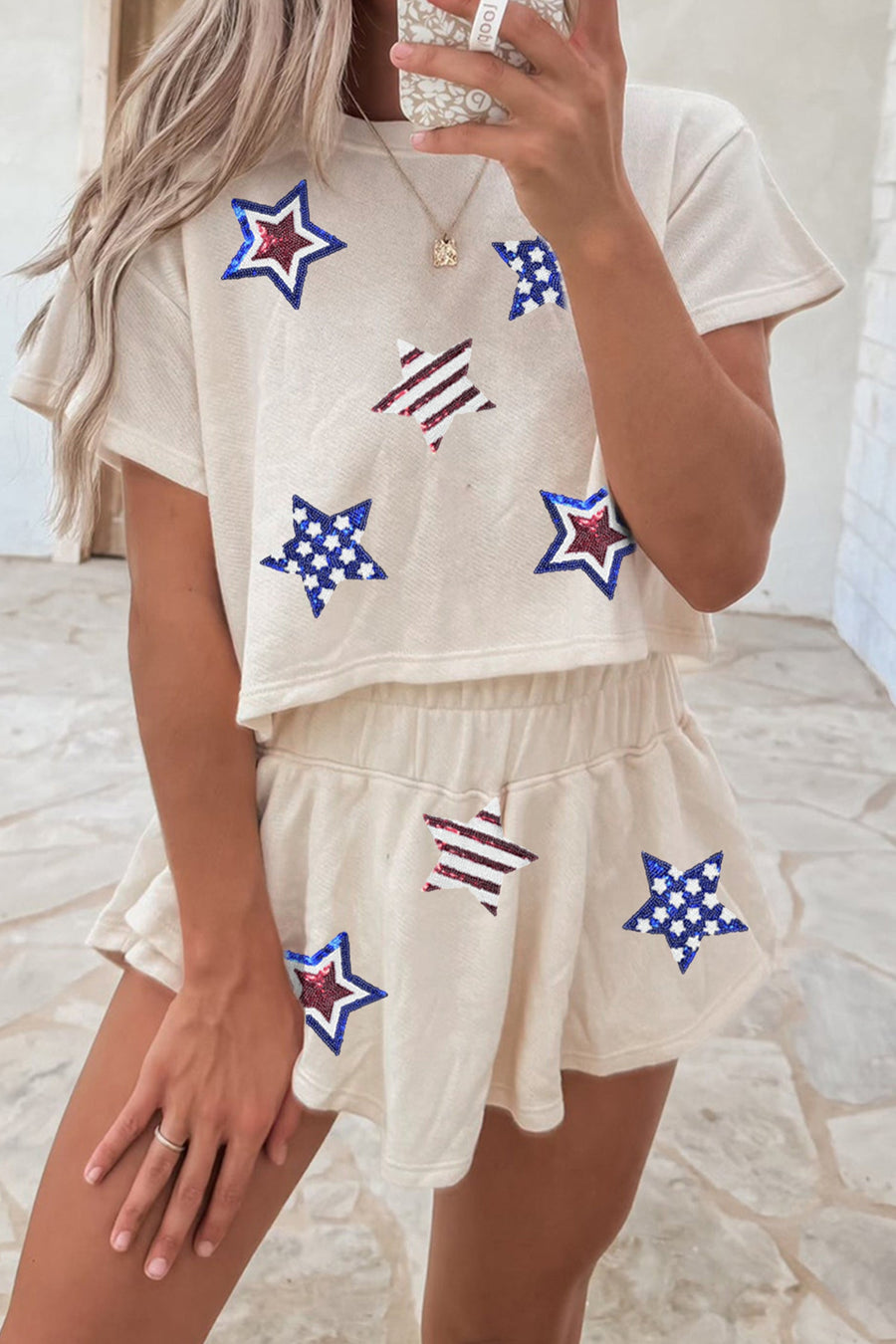 Beige Sequin Patriotic Star Cropped Tee Skort 2pcs Set - Pretty Petty Co