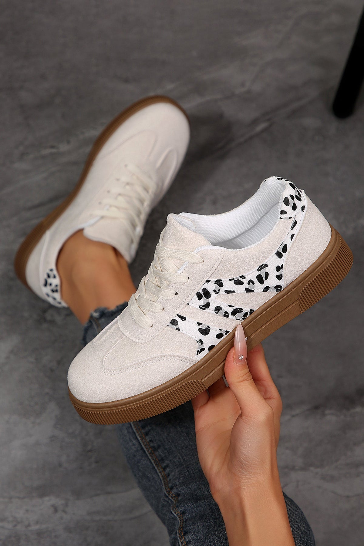 White Suede Leopard Color Block Trim Lace-up Casual Shoes - Pretty Petty Co