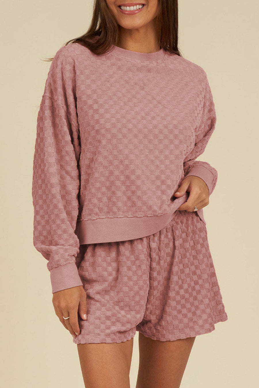 Blossom Checkered Textured Long Sleeve Top and Shorts Set - Pretty Petty Co