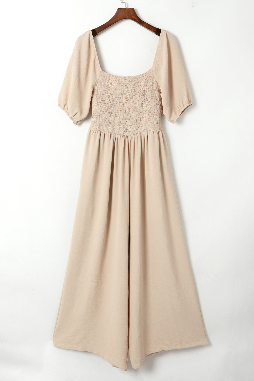 Apricot Short Bubble Sleeve Smocked Wide Leg Jumpsuit - Pretty Petty Co