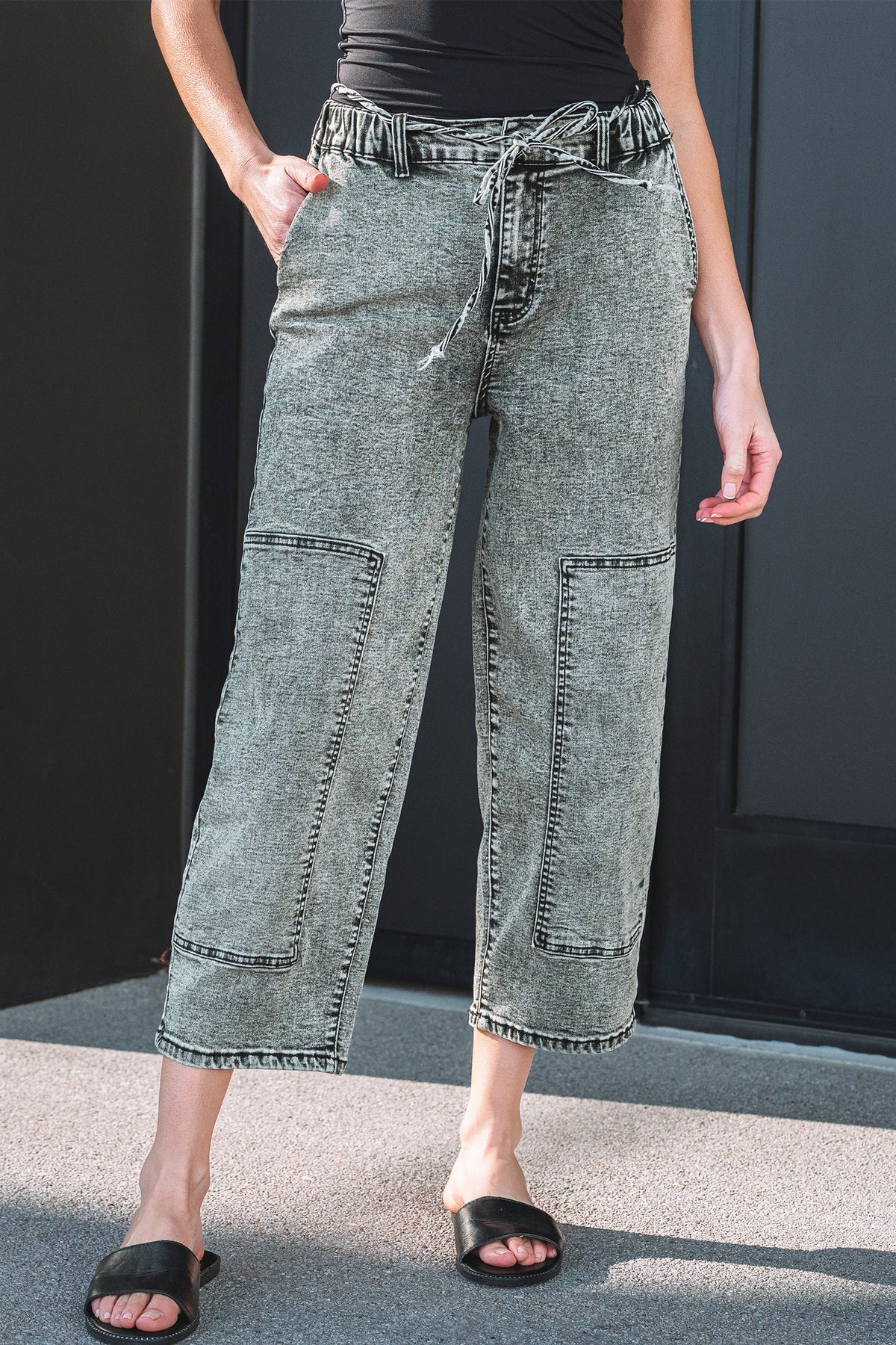 Smoke Gray Acid Wash Barrel Fit Denim Pants with Waist String - Pretty Petty Co