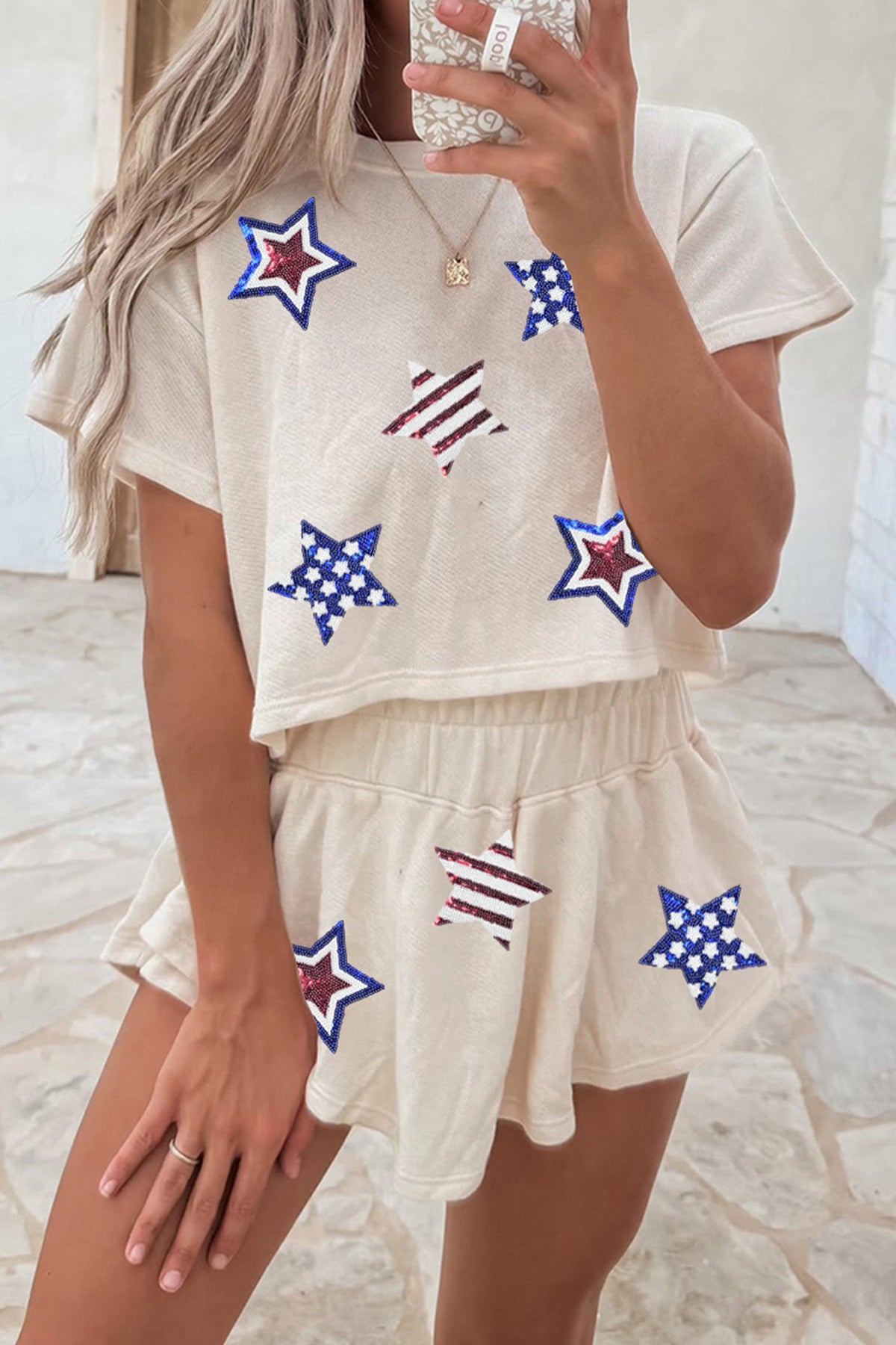 Beige Sequin Patriotic Star Cropped Tee Skort 2pcs Set - Pretty Petty Co