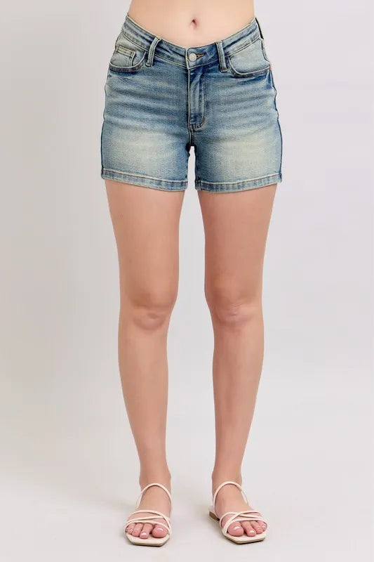 Judy Blue Full Size V-Front Vintage Wash Shorts Plus Size - Pretty Petty Co