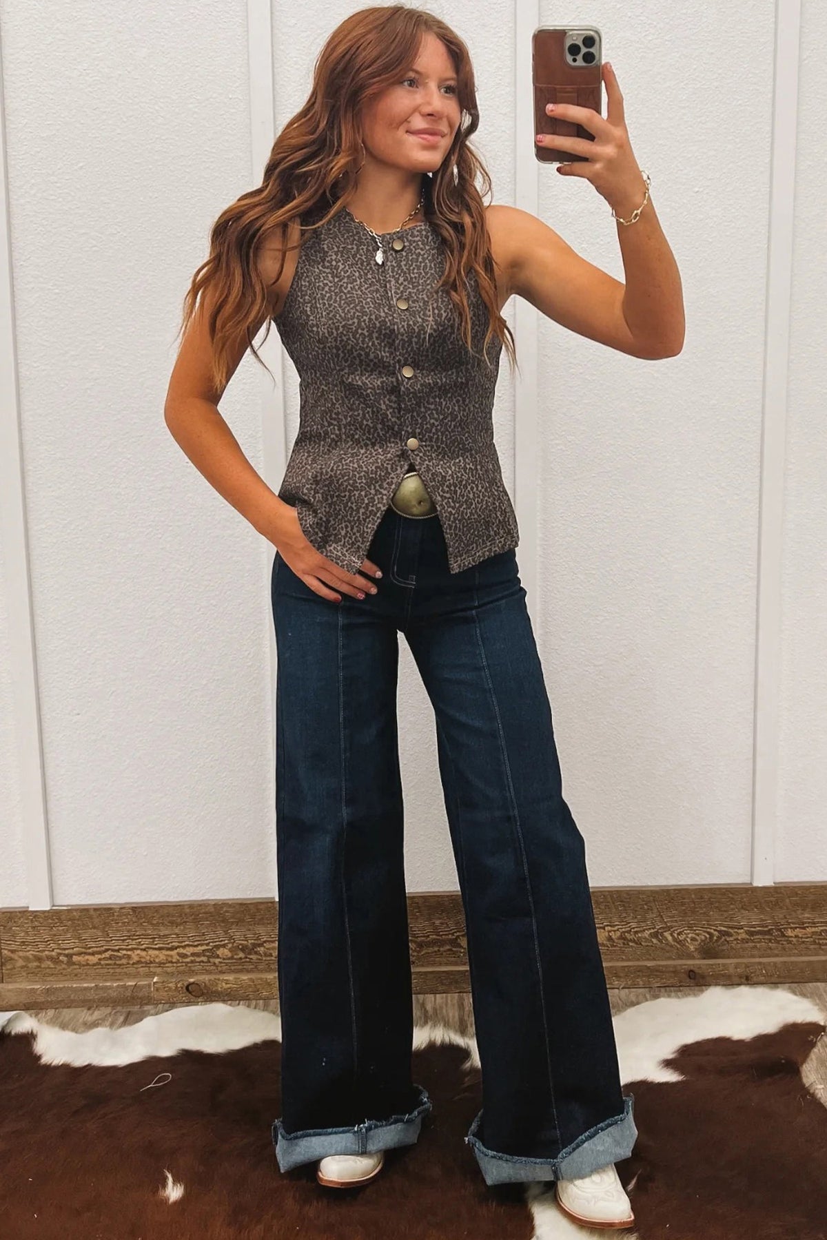 Brown Leopard Print Slim Denim Vest - Pretty Petty Co