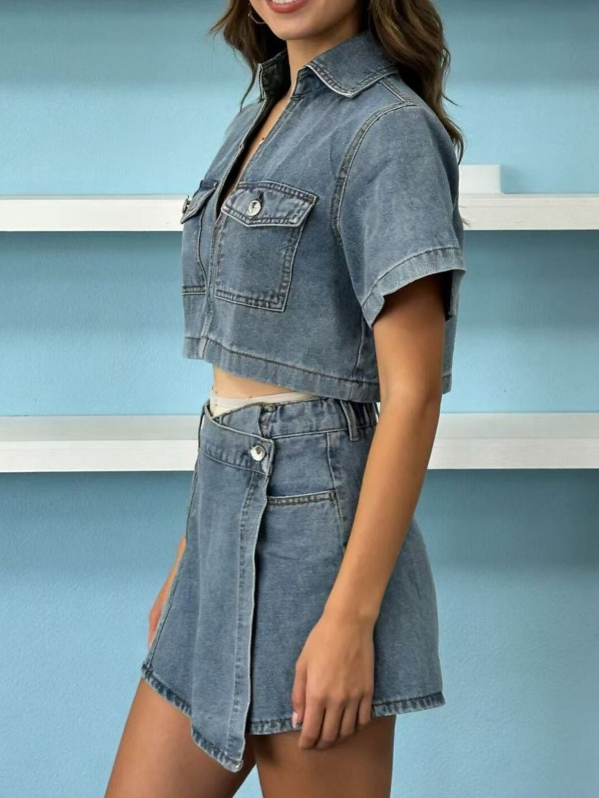 Short Sleeve Cropped Top and Skort Denim Set - Pretty Petty Co