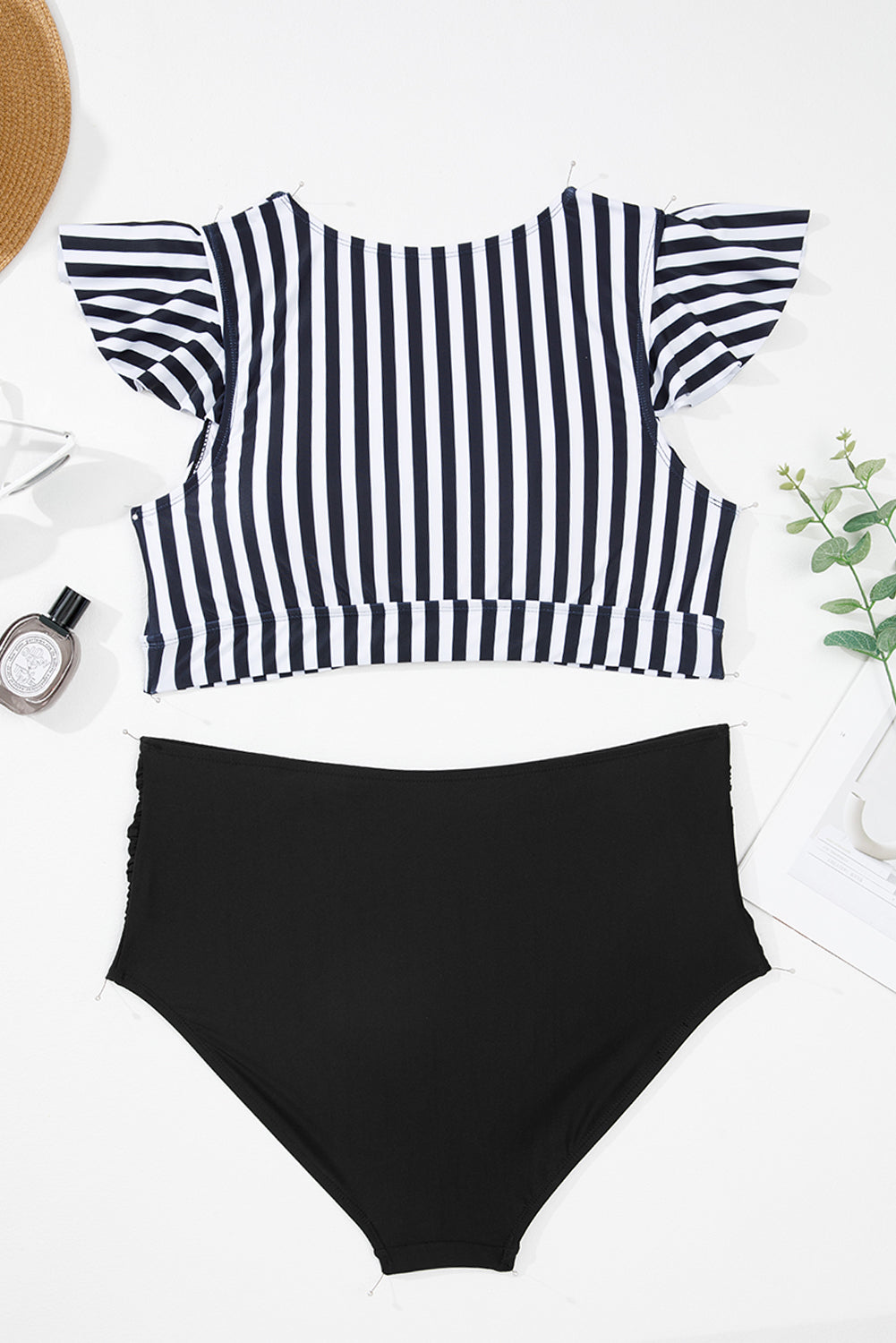 Black Stripe Plus Size Knot Cutout Ruffle Sleeve and High Waisted 2pcs Swimsuit - Pretty Petty Co